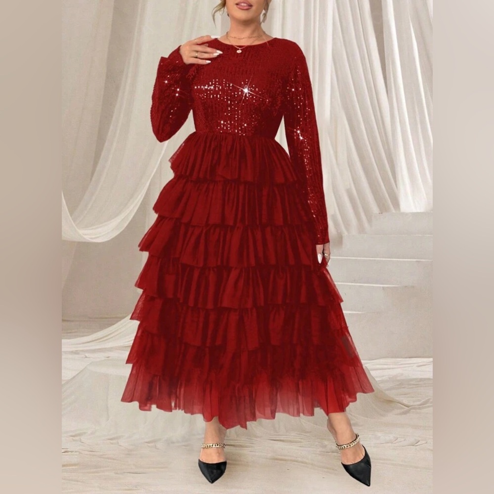 SHEIN Red Sequin Tiered Long Sleeve Maxi Dress